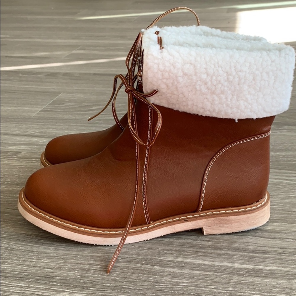 Brown Faux Leather Shearling Lace Up Brown Boots